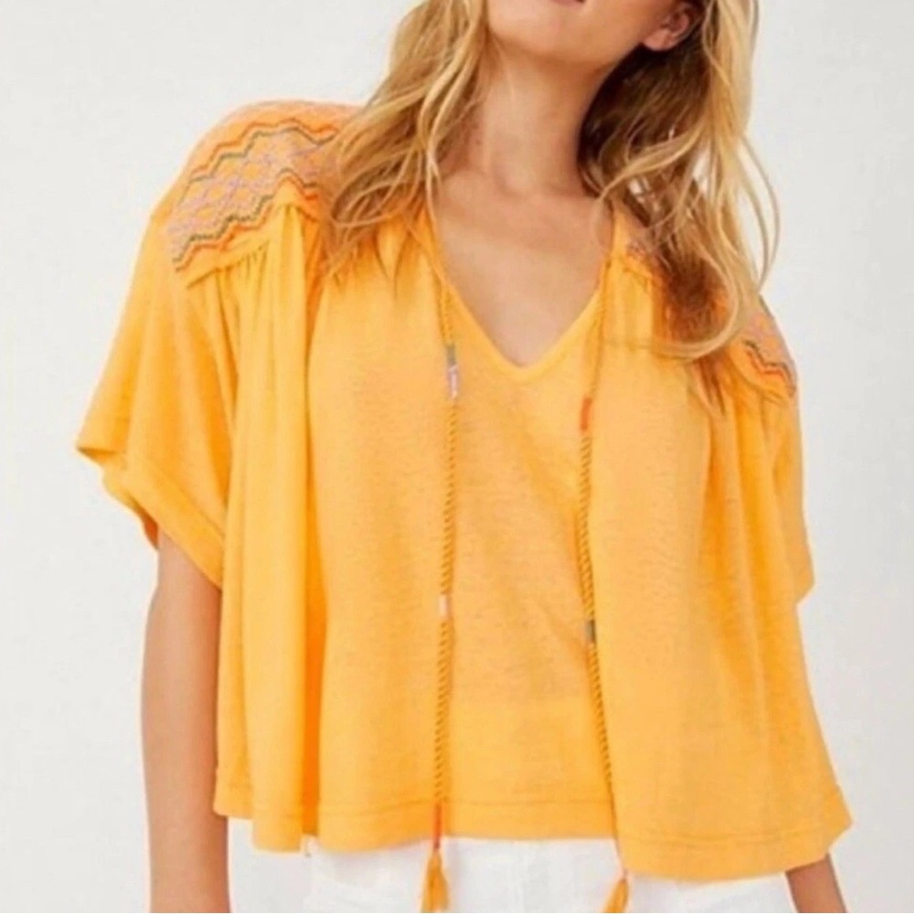 Free People Light Orange Embroidered V-Neck Tassel Ties Oversized Cropped‎ Shirt